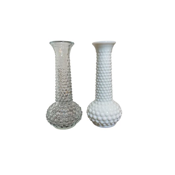 Vintage EO Brody Bud Vases - Set! Clear Glass and Milk Glass Hobnail pattern - Picture 1 of 5